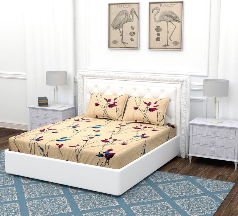 BEVI 200 TC Microfiber Double Printed Flat Bedsheet  (Pack of 1, Beige)