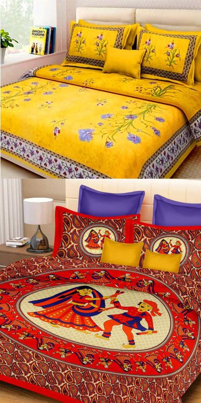 MOXIE 160 TC Cotton Double Jaipuri Prints Flat Bedsheet  (Pack of 2, Yellow, Red)