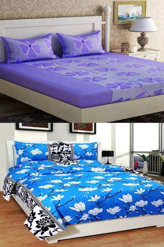 IOM 144 TC Microfiber Double Floral Fitted & Flat Bedsheet  (Pack of 2, Purple)