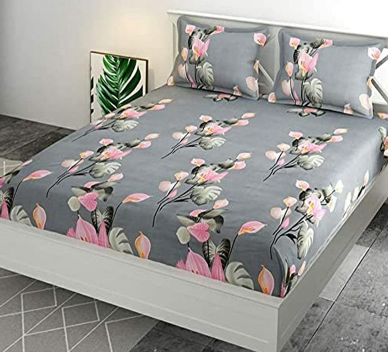 AGhomes 230 TC Cotton, Microfiber, Polycotton Double Floral Flat Bedsheet  (Pack of 1, Grey)