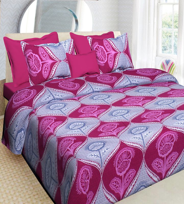 E-Wish Box 300 TC Cotton King Printed Flat Bedsheet  (Pack of 1, Pink, blue)