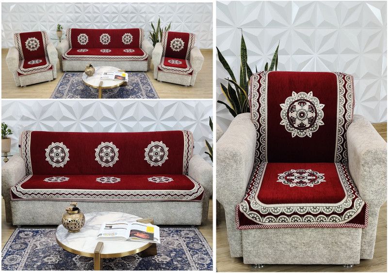 MHF Velvet Floral Sofa Cover  (Maroon Pack of 3)