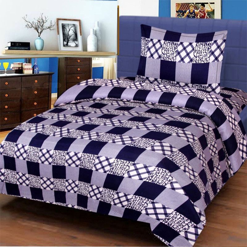 TrueValue Creations 180 TC Polycotton Single Checkered Flat Bedsheet  (Pack of 1, Navy Blue)