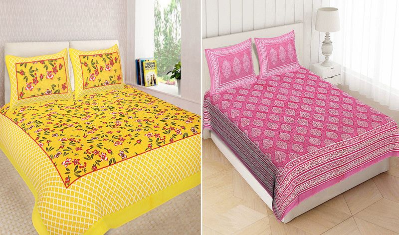 Cotton Double Bed Spread  (Yellow, Pink, 2 Bedsheet, 4 Pillow Covers)