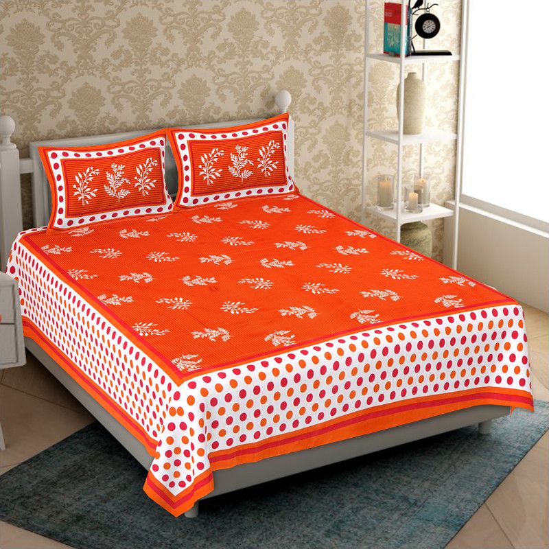 Indram 144 TC Cotton Double Printed Flat Bedsheet  (Pack of 1, Orange, White)
