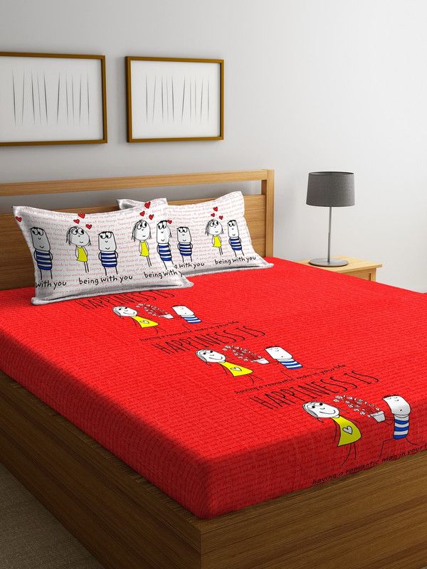 PORTICO NEW YORK 144 TC Cotton Queen Printed Flat Bedsheet  (Pack of 1, Red)