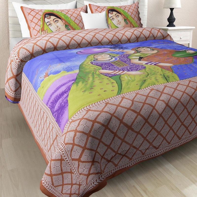 LITTLE INDIA 110 TC Cotton Double Jaipuri Prints Flat Bedsheet  (Pack of 1, Brown)