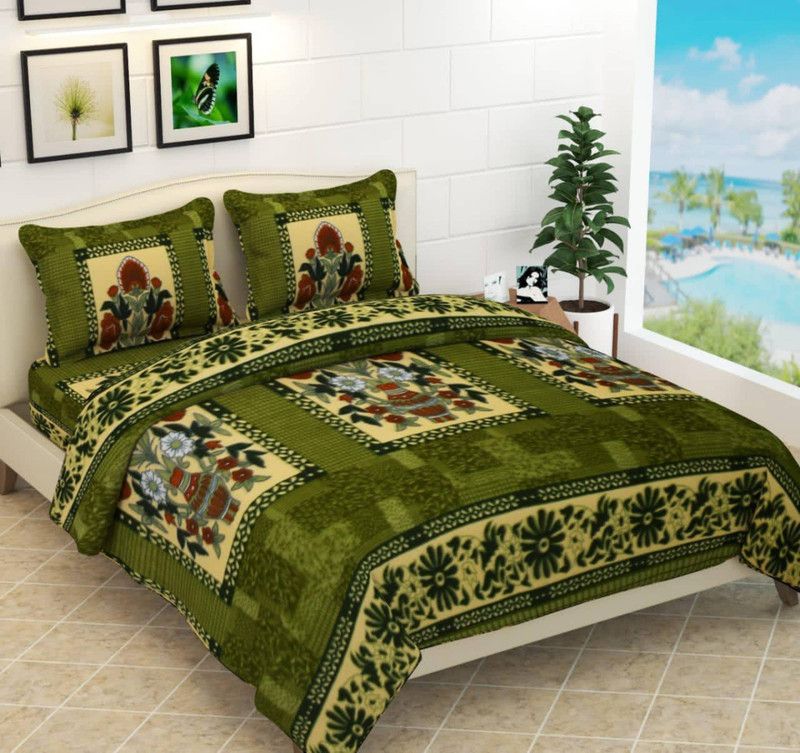 NAVRUDRA 250 TC Polyester Double Jaipuri Prints Flat Bedsheet  (Pack of 1, Green)