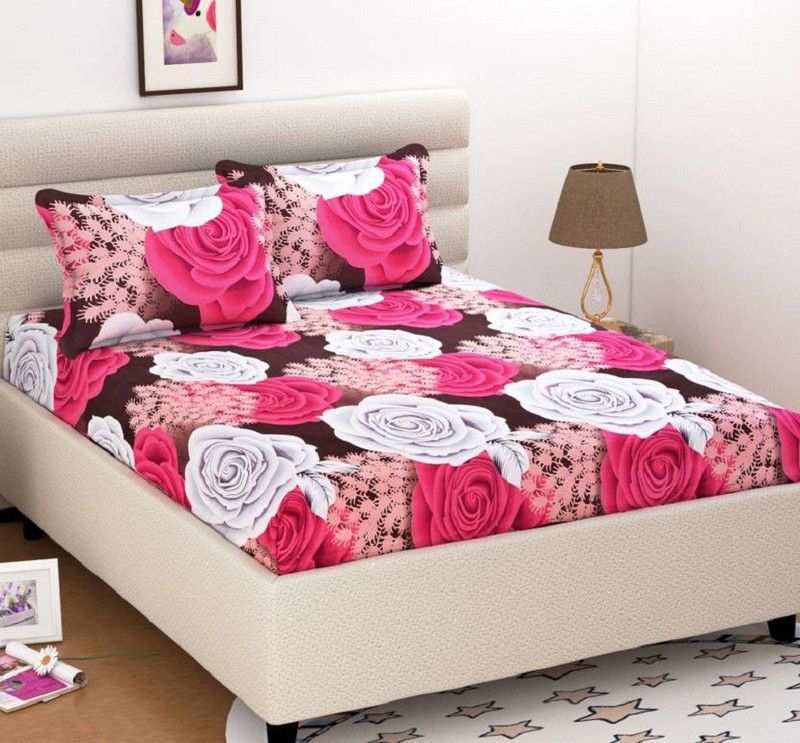 Kamboj Handloom 140 TC Polycotton Double Floral Fitted (Elastic) Bedsheet  (Pack of 1, Multicolor)