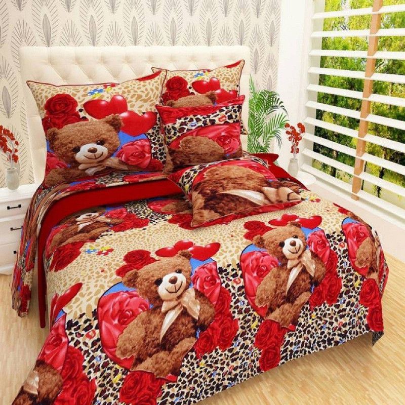 New panipat textile zone 104 TC Microfiber Double 3D Printed Fitted & Flat Bedsheet  (Pack of 1, Red)