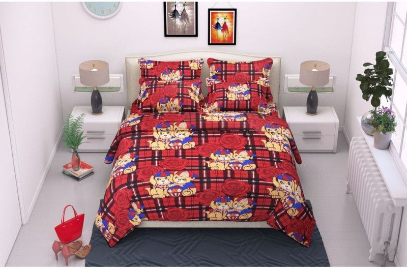 parasar 180 TC Polycotton Double 3D Printed Flat Bedsheet  (Pack of 1, Red)