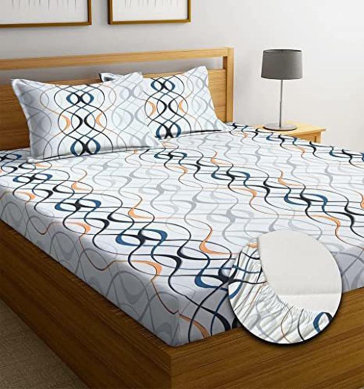 AN TREND 220 TC Cotton King Printed Fitted (Elastic) Bedsheet  (Pack of 1, White)