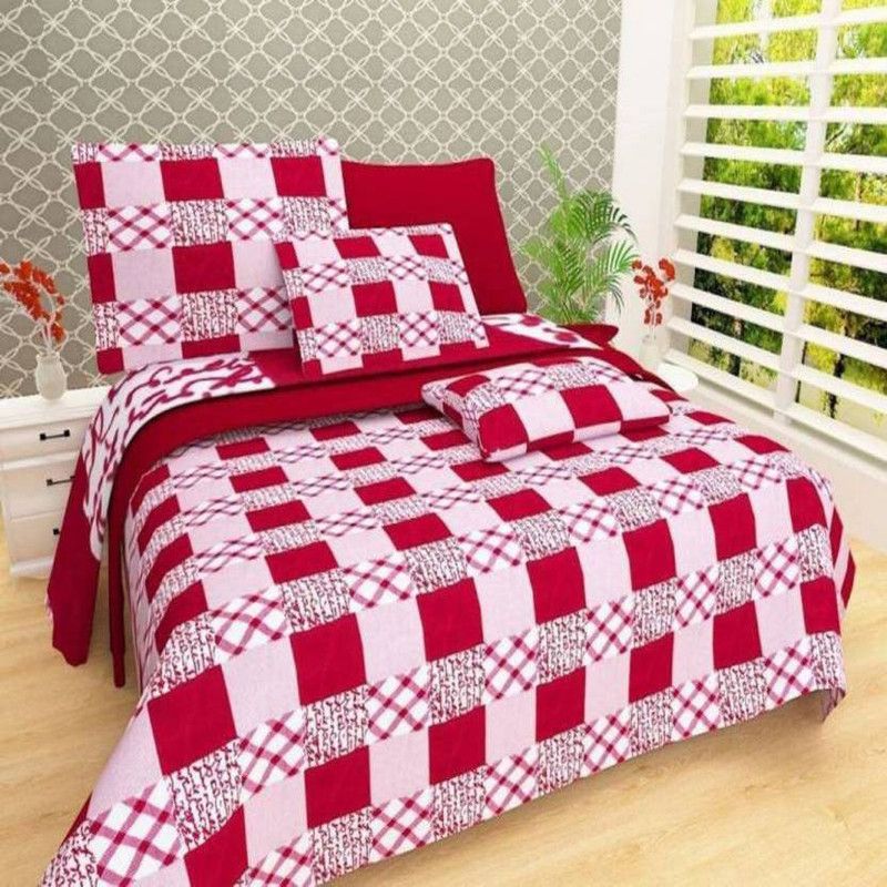 Twinkle Star's 200 TC Polycotton Double Checkered Flat Bedsheet  (Pack of 1, Maroon)