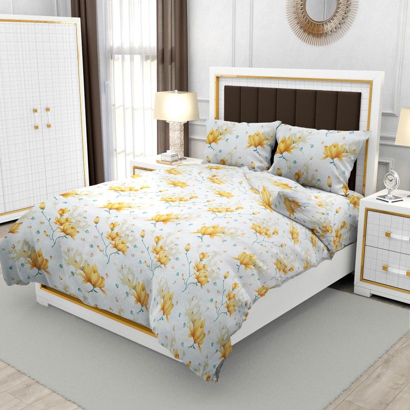 Recstiria Fab 144 TC Polycotton Double Floral Flat Bedsheet  (Pack of 1, White)