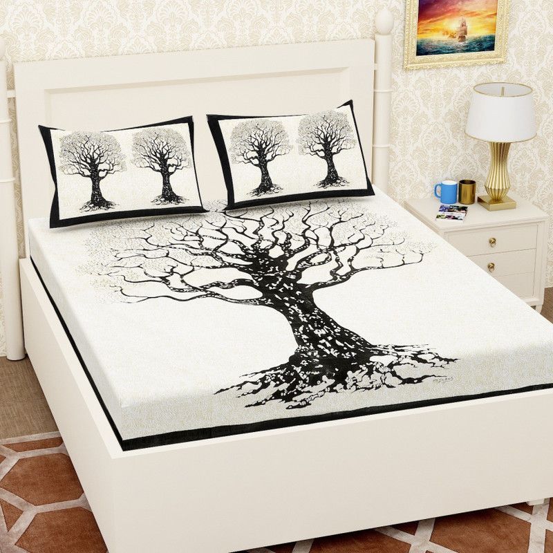 TIBRAPRINTS 144 TC Cotton Double 3D Printed Flat Bedsheet  (Pack of 1, Black,White)