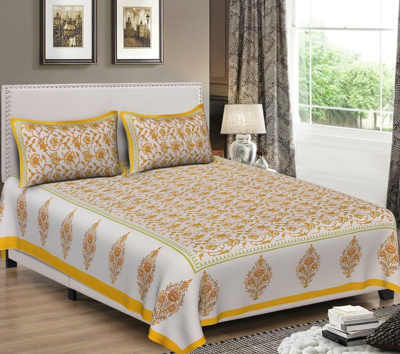 Fashion Dziner 220 TC Cotton Double Floral Flat Bedsheet  (Pack of 1, Yellow)