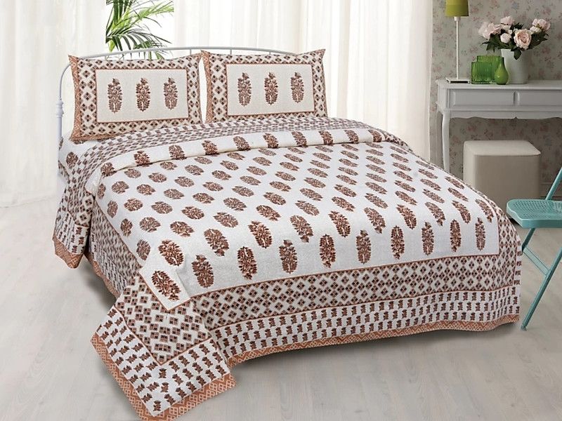 Tatvika 144 TC Cotton Double Jaipuri Prints Flat Bedsheet  (Pack of 1, Beige)