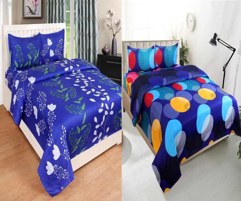 PRODUCTSCK 144 TC Microfiber Double 3D Printed Flat Bedsheet  (Pack of 2, Blue)