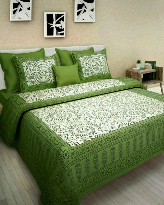 peace way 228 TC Cotton Double Jaipuri Prints Flat Bedsheet  (Pack of 1, Green)