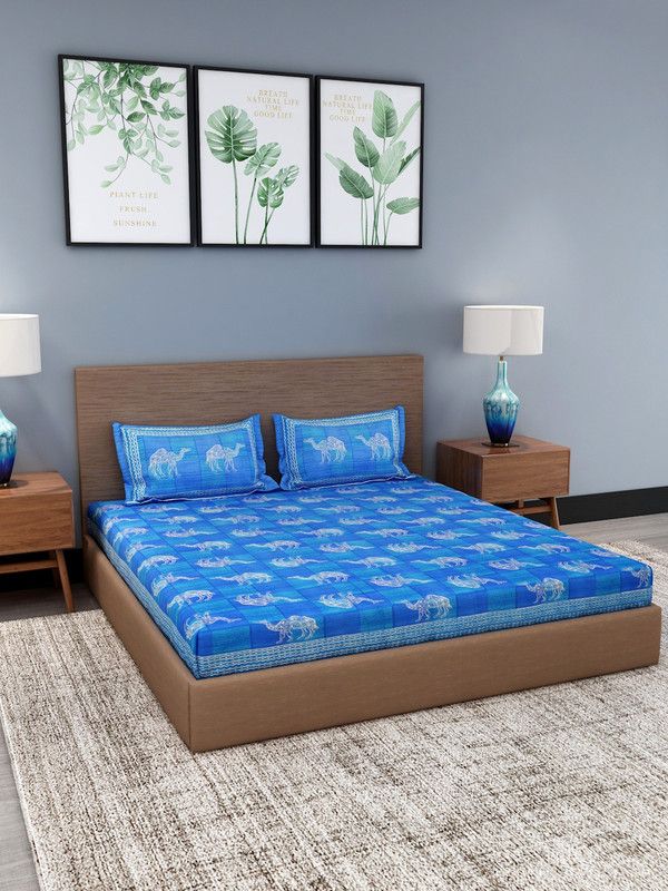 Gulaab Jaipur 400 TC Cotton Double Animal Flat Bedsheet  (Pack of 1, Blue)