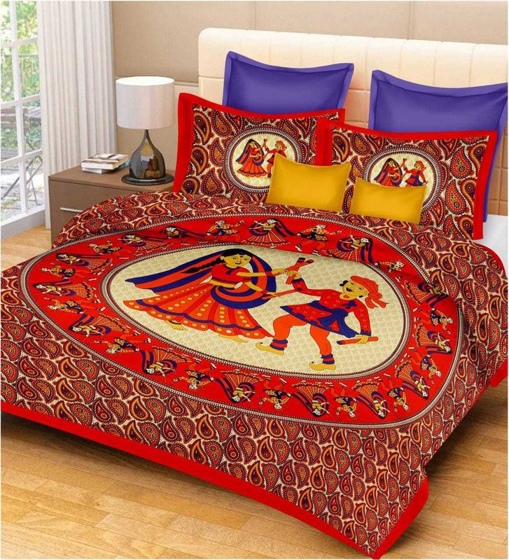 MOXIE 160 TC Cotton Double Jaipuri Prints Flat Bedsheet  (Pack of 1, Red)