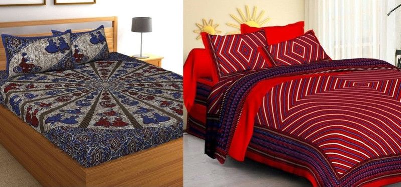 160 TC Cotton Double Jaipuri Prints Bedsheet  (Pack of 2, Blue, Red)
