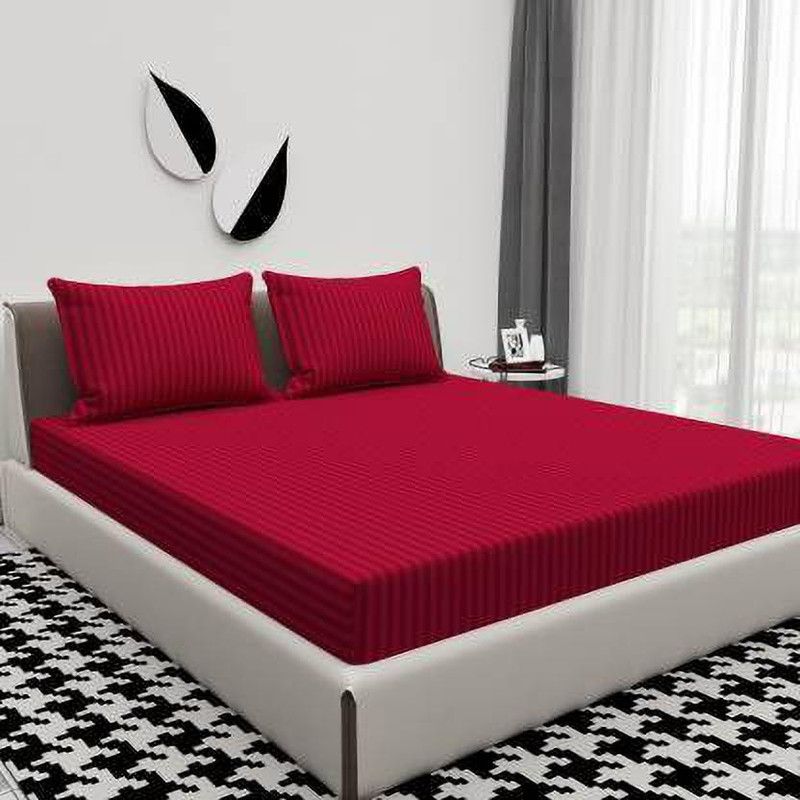 Everlush 300 TC Cotton Double Striped Flat Bedsheet  (Pack of 1, Red)