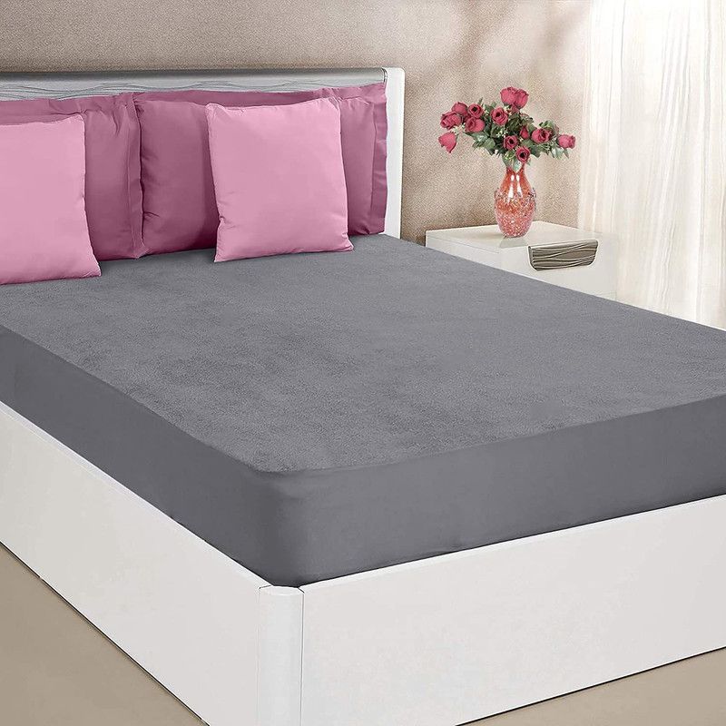 rest sleep Fitted Double Size Waterproof Mattress Cover  (Grey)