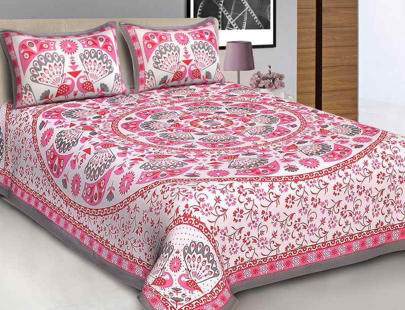 aayesha 120 TC Cotton King Jaipuri Prints Flat Bedsheet  (Pack of 1, Pink)