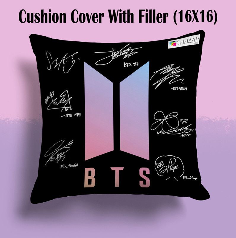 NH10 DESIGNS BTS Printed Cushion (16x16) For Girls Boys Friends - BTS16InCU2 013 Microfibre Solid Cushion Pack of 1  (Black, Lavender)