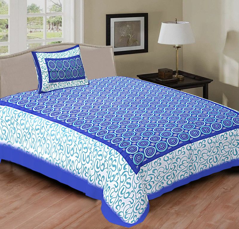VRG 144 TC Cotton Single Jaipuri Prints Flat Bedsheet  (Pack of 1, Blue)