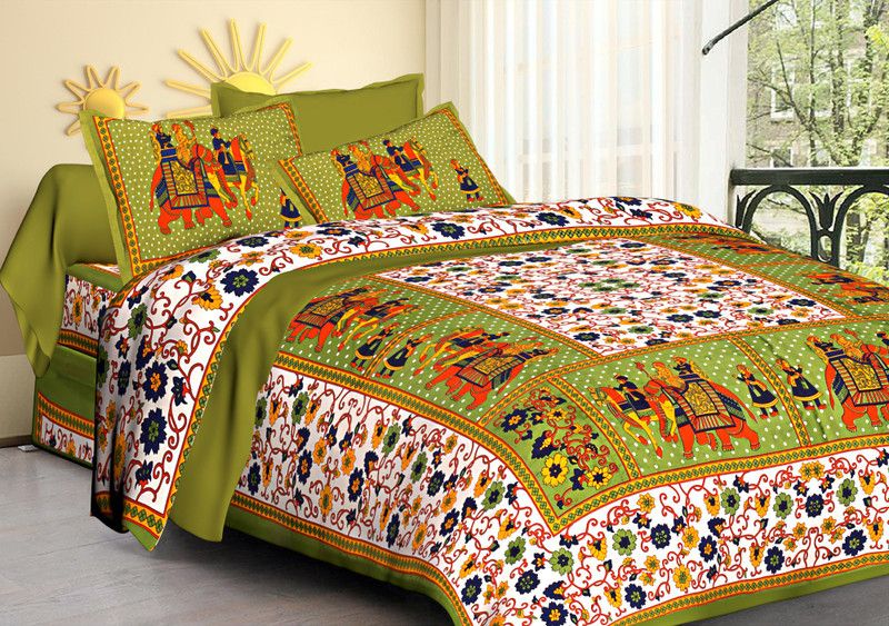 Bombay Bedspreads 151 TC Cotton Double Jaipuri Prints Flat Bedsheet  (Pack of 1, Green)