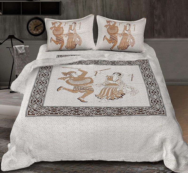 kanaks 144 TC Cotton Queen Jaipuri Prints Flat Bedsheet  (Pack of 1, Gold, White)