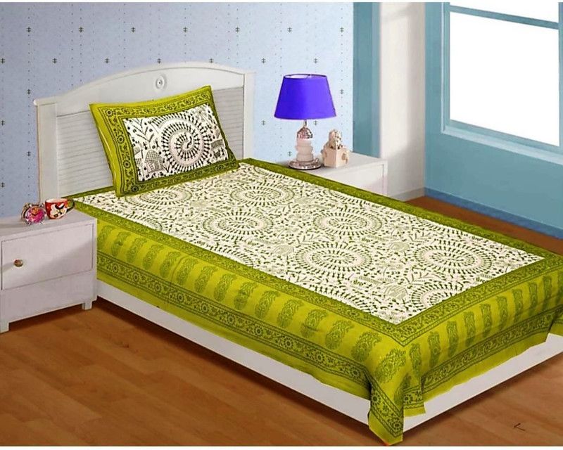 ZGX 250 TC Cotton Single Jaipuri Prints Flat Bedsheet  (Pack of 1, Green)