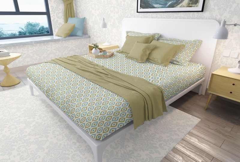 Ixora Decor 300 TC Cotton Double Printed Flat Bedsheet  (Pack of 1, Blue Yellow)