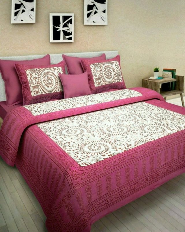 GO WITH TRENDZ 228 TC Cotton Double Jaipuri Prints Flat Bedsheet  (Pack of 1, Pink)