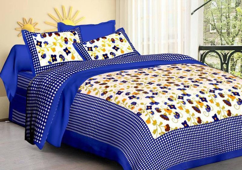 BHOOMI TEXTILES 144 TC Cotton Double Floral Flat Bedsheet  (Pack of 1, Blue)