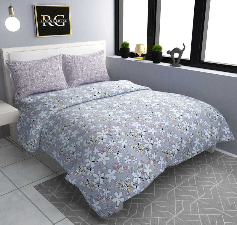 LOVYA OVERSEAS 144 TC Polyester Queen Floral Flat Bedsheet  (Pack of 1, Blue)