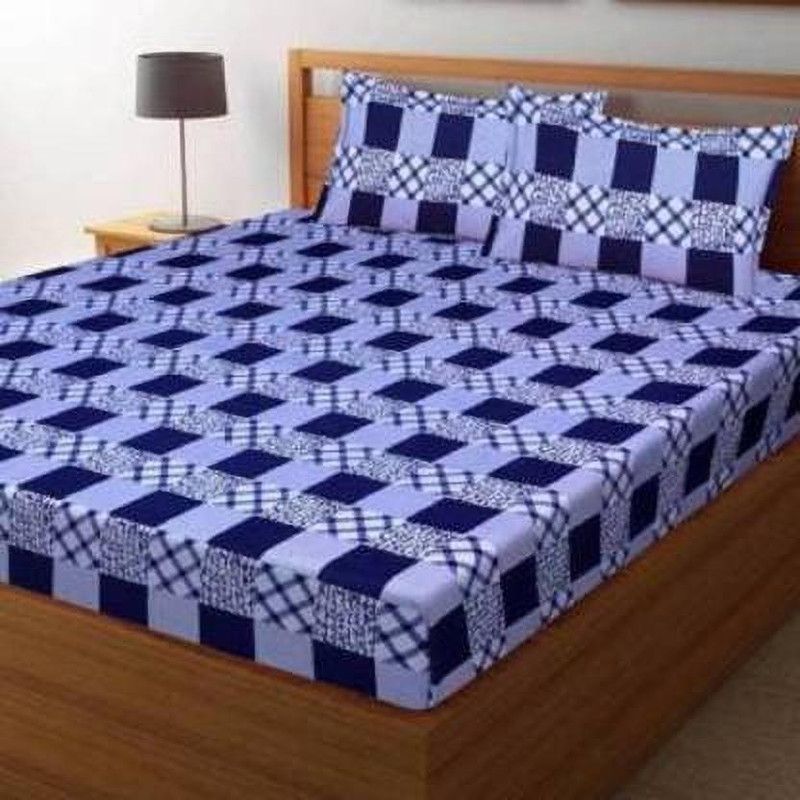 MERRIMO 150 TC Polycotton Double Checkered Fitted (Elastic) Bedsheet  (Pack of 1, Blue, White)