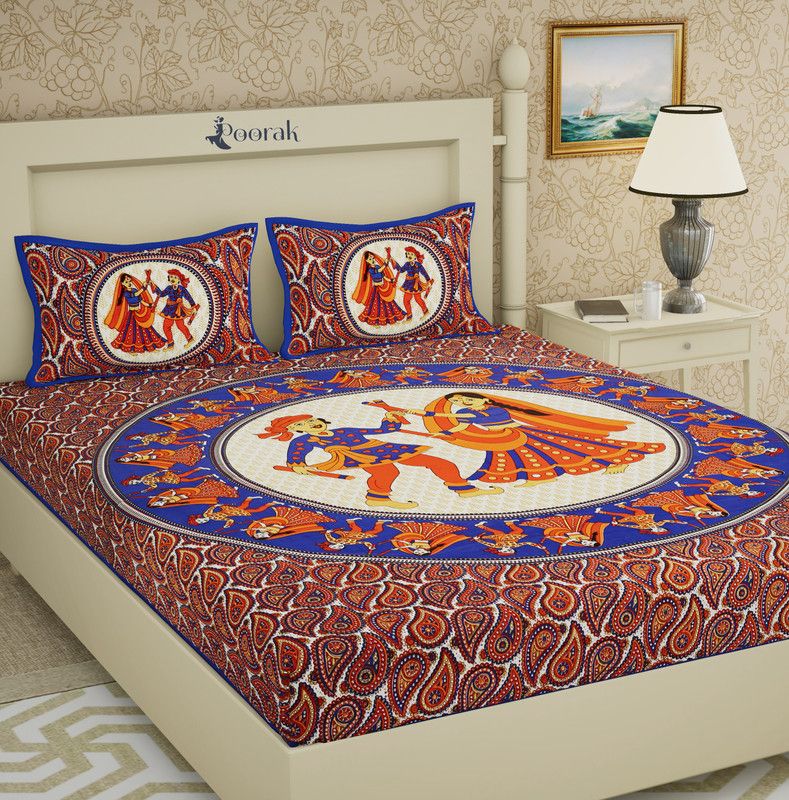 160 TC Cotton Double Printed Bedsheet  (Pack of 1, Dandiya Blue)