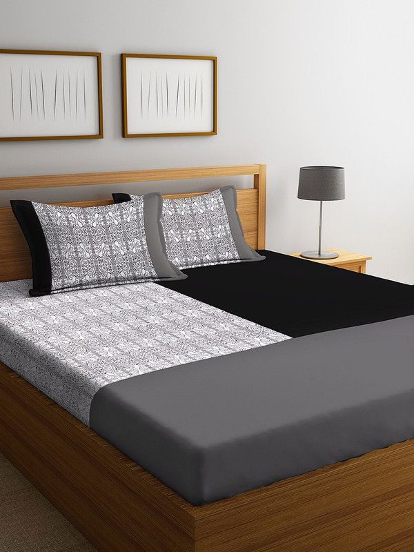 DECOREALM 300 TC Satin Single Geometric Fitted (Elastic) Bedsheet  (Pack of 1, Black)