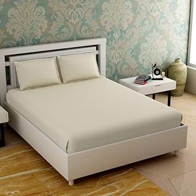 Beta Divine 250 TC Cotton King Striped Flat Bedsheet  (Pack of 1, Cream)