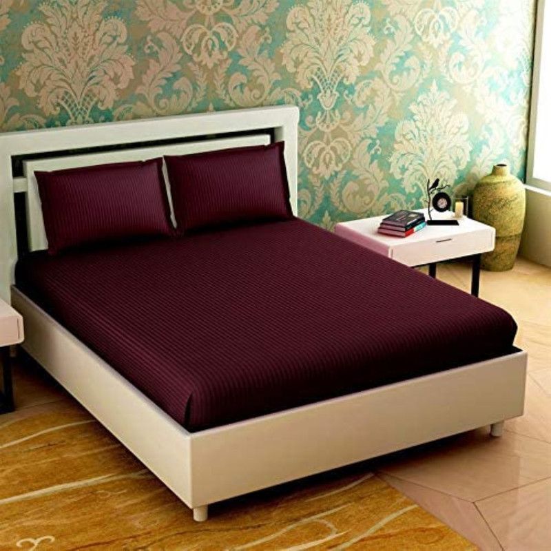 Beta Divine 250 TC Cotton King Striped Flat Bedsheet  (Pack of 1, Maroon)
