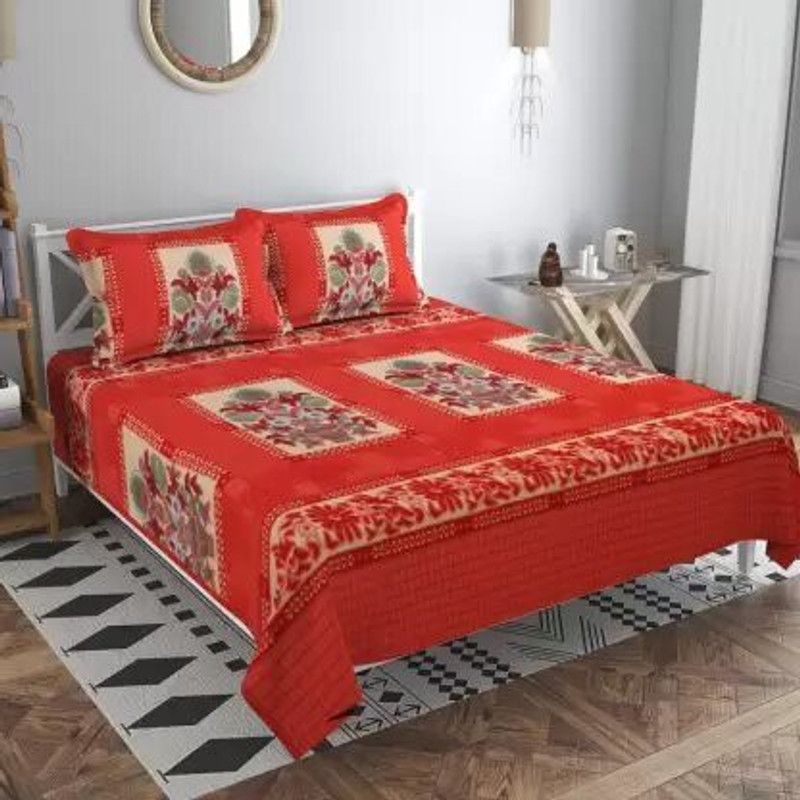 Microfiber Double Floral Bedsheet  (Pack of 1, Orange)