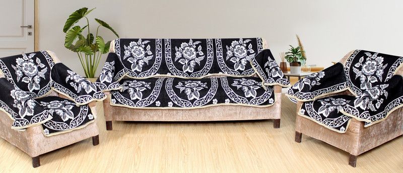 ROSEALIA Chenille Floral Sofa Cover  (Navy blue Pack of 16)