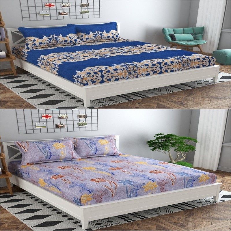 DIKSH 140 TC Polycotton Queen Solid Fitted (Elastic) Bedsheet  (Pack of 2, Blue, Purple)