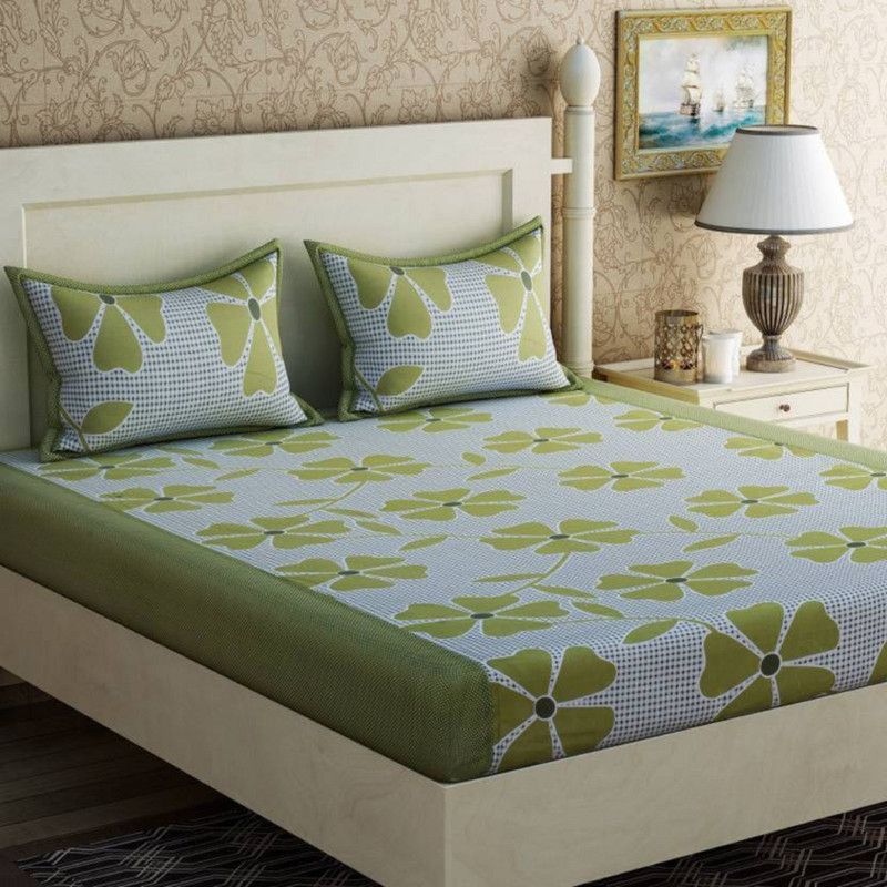 RS Enterprises 150 TC Polycotton Double Printed Flat Bedsheet  (Pack of 1, Green)