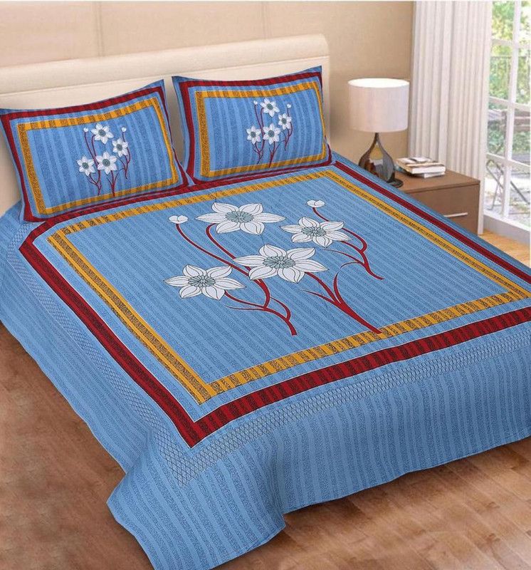 ALL SEASONS GALLERY 350 TC Cotton Double Printed Flat Bedsheet  (Pack of 1, Flower-Blue)