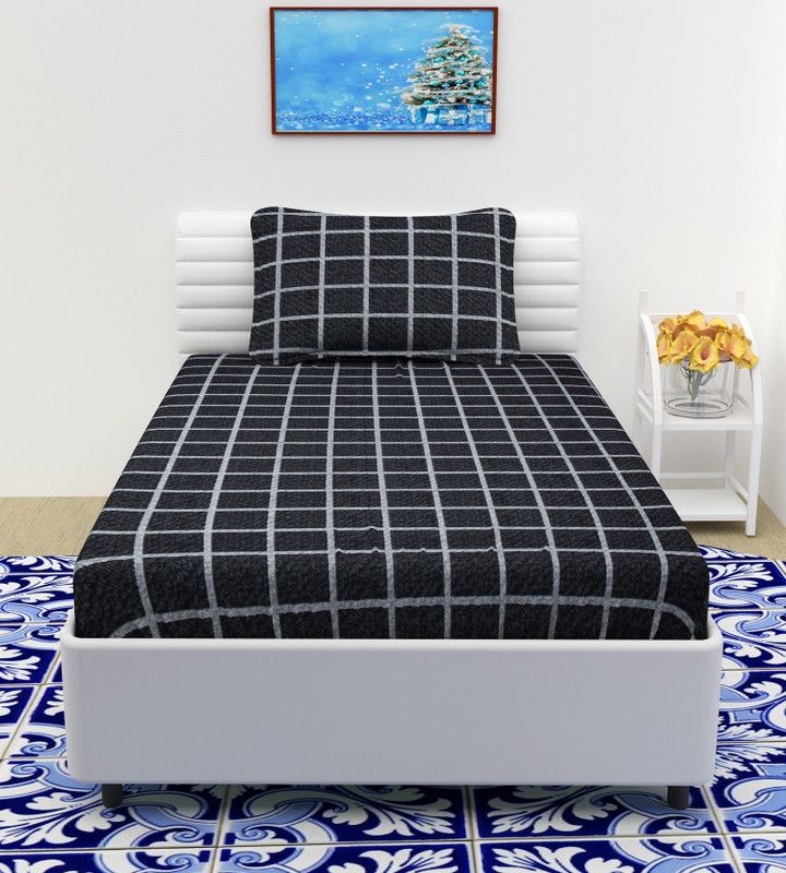 WMK 250 TC Cotton Single Checkered Fitted (Elastic) Bedsheet  (Pack of 1, BLACK CHECK PS8)