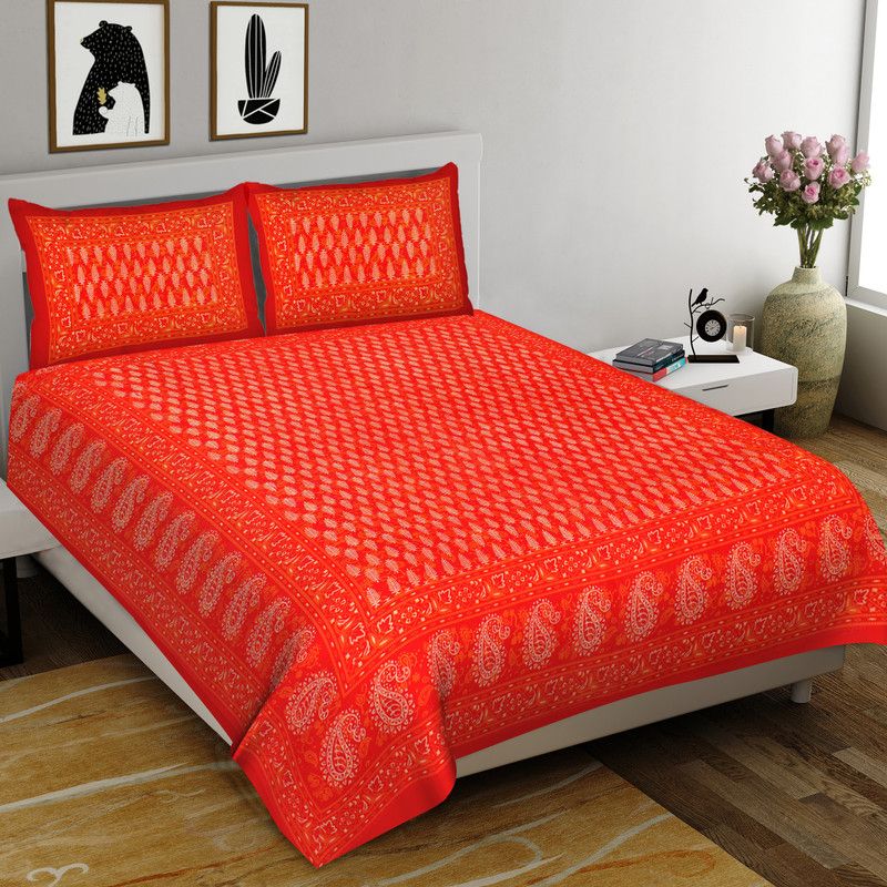 SILOUT TEX PRINTS 451 TC Cotton King Jaipuri Prints Flat Bedsheet  (Pack of 1, Orange)